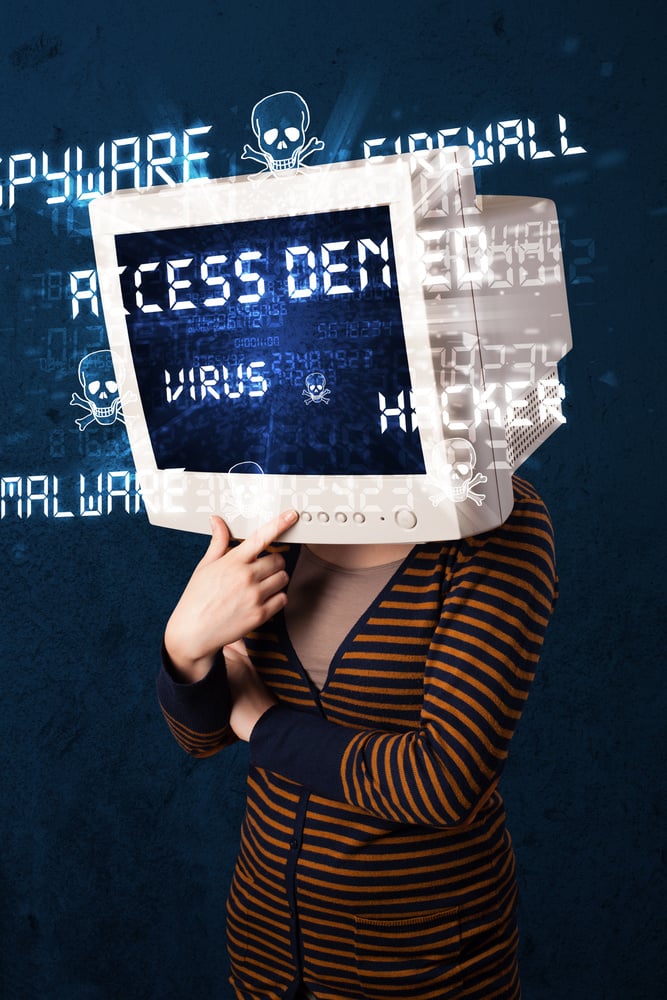 Monitor head person with hacker type of signs on the blue screen-1